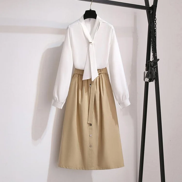 Chiffon Long Sleeve Blouse+Skirt P10781