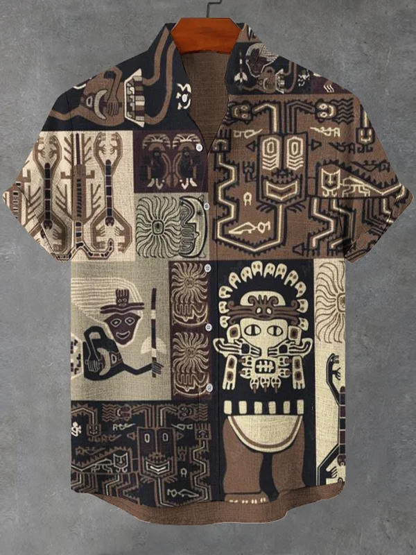Men's Retro African Ethnic Art Print Linen Blend Shirt