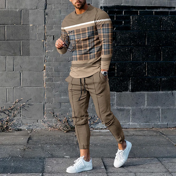 BrosWear Stylish Khaki Stitching Plaid Long Sleeve T-Shirt And Pants Co-Ord