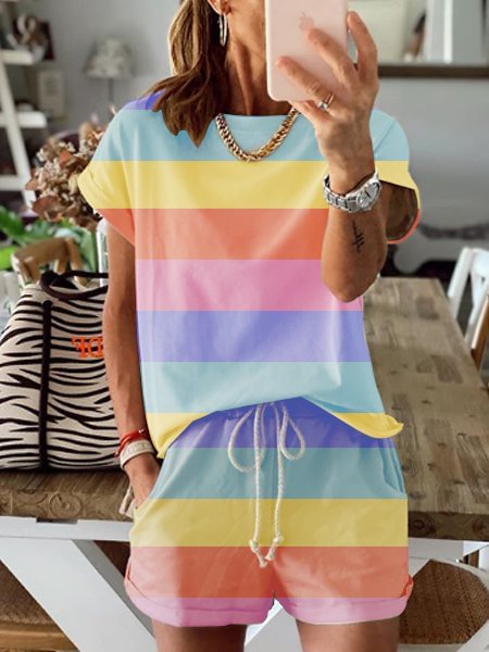 Bestdealfriday Color Crew Neck Casual Cotton Striped Suits 8899274