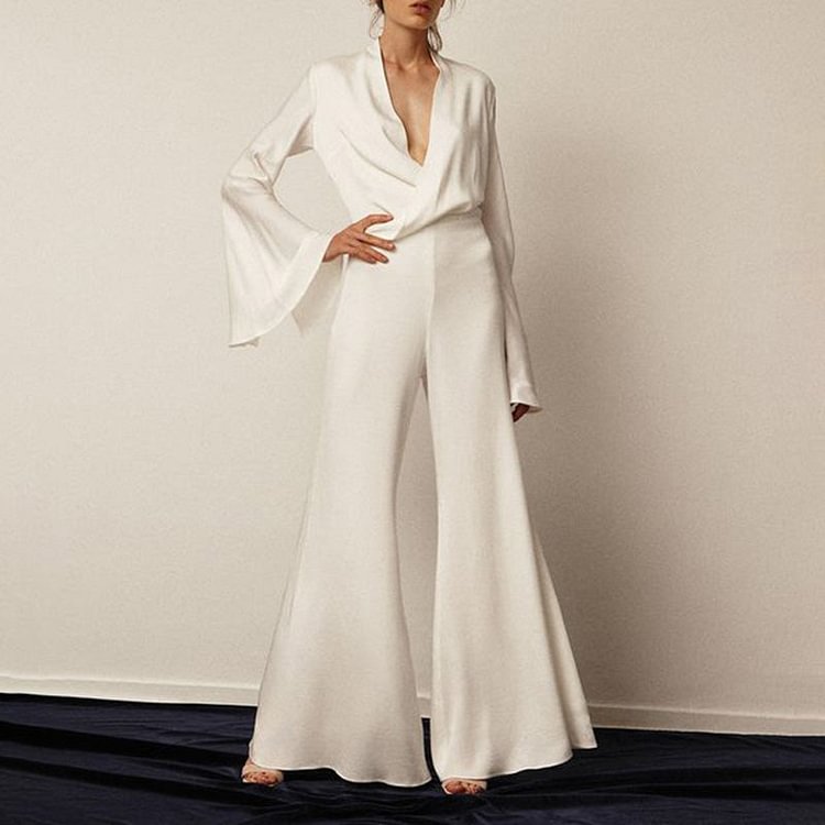 VChics White Bell Sleeve Blouse Flared Pants Two-piece Set