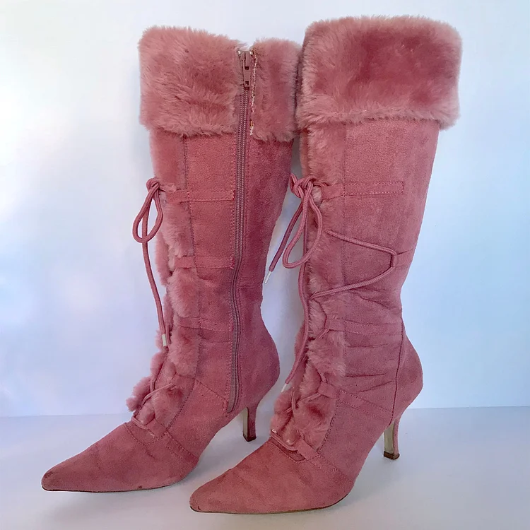 Pink Vegan Suede Pointed Toe Vintage Lace Up Faux Fur Boots |FSJ Shoes