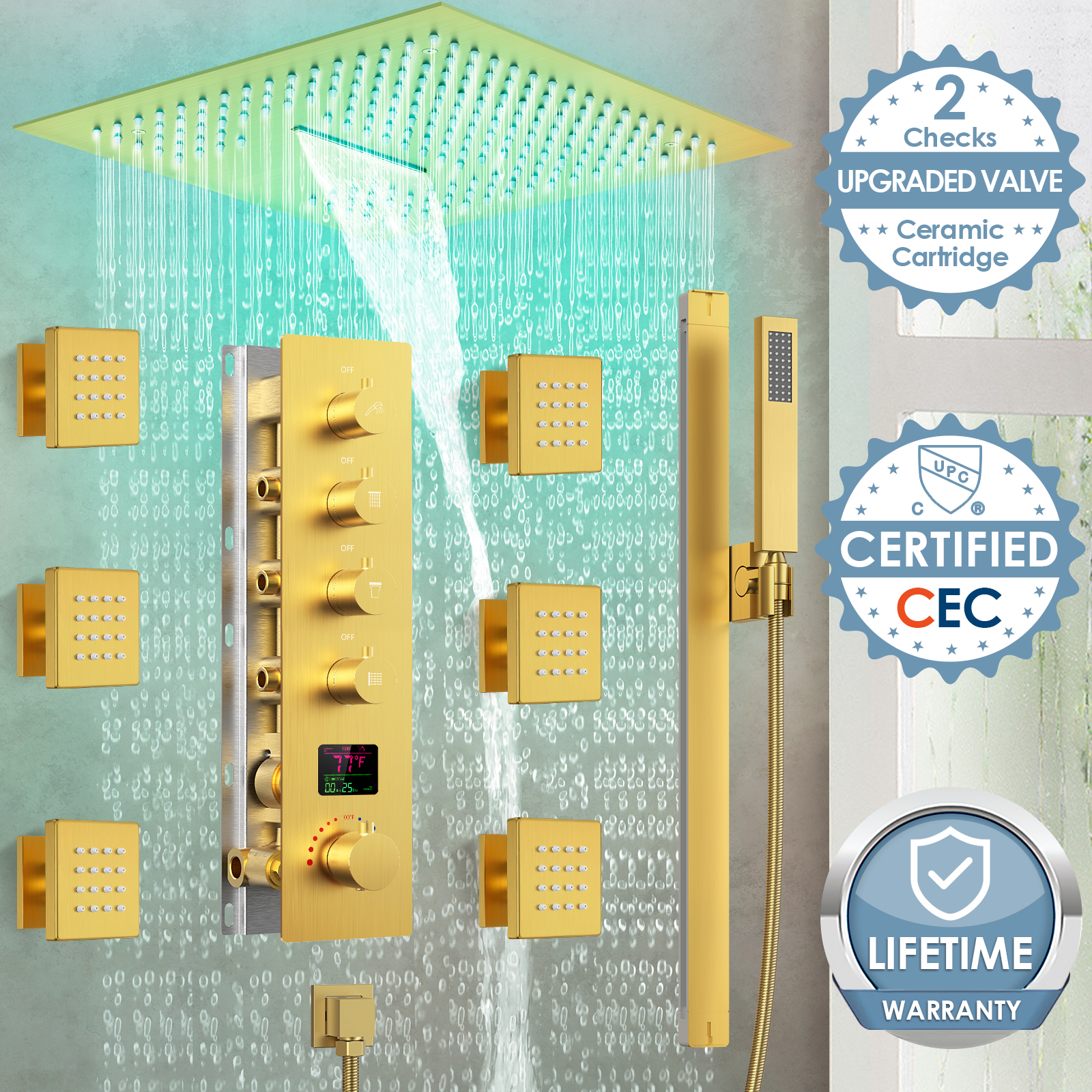 GJSFS1027GD16 EVERSTEIN LED Thermostatic Shower Head System with Roughin Valve in Brushed Gold