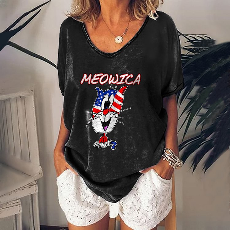 Comstylish Meowica Print V-Neck T-Shirt