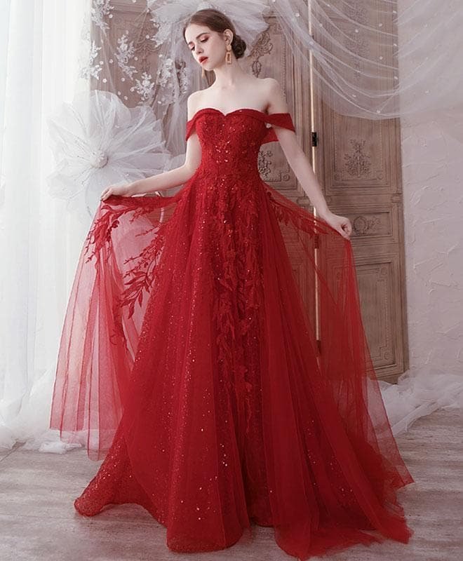 Burgundy Tulle Lace Off Shoulder Tulle Long Prom Dress Evening Dress