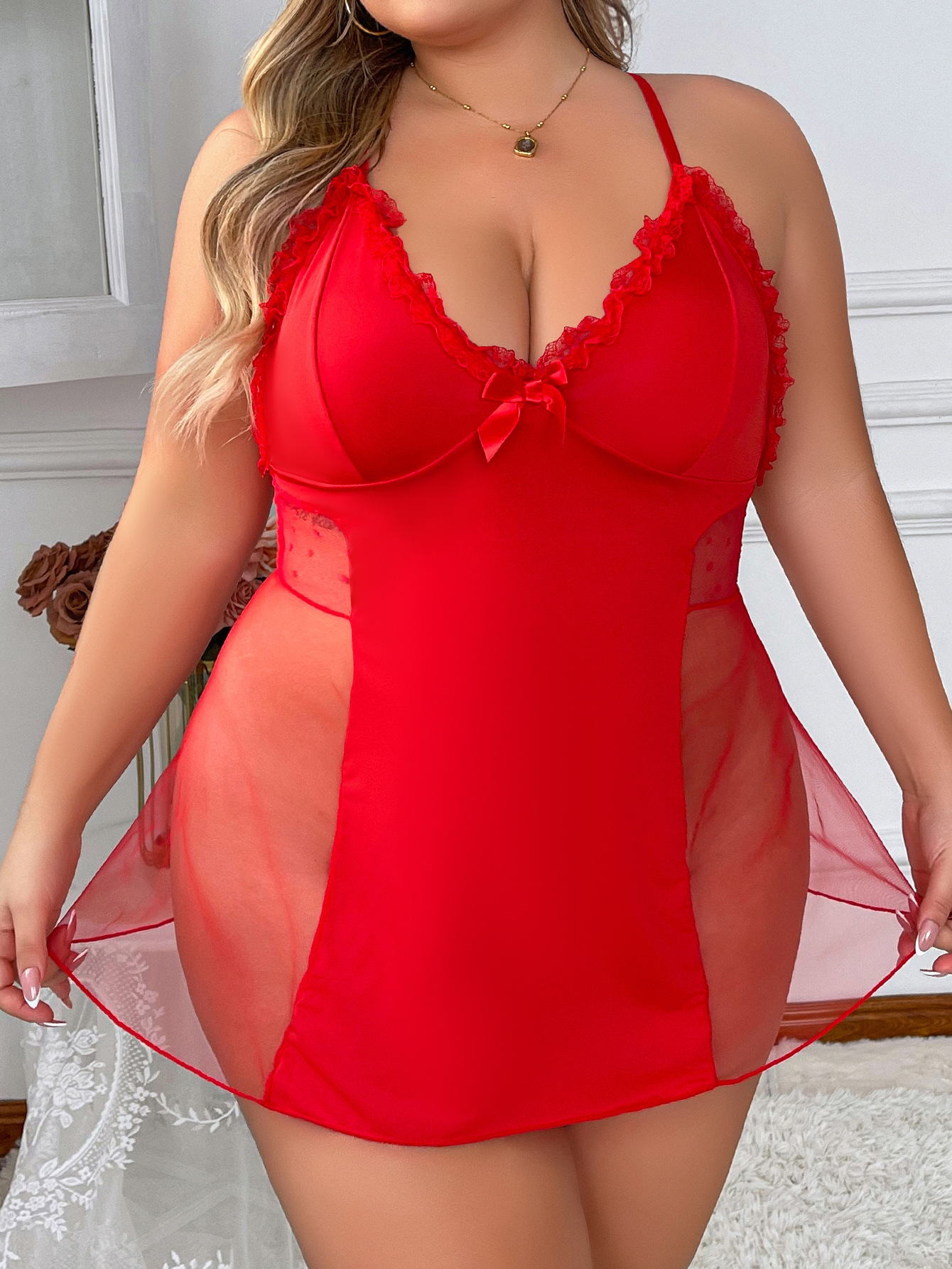 Lovingerie - Plus-Size Lingerie Lace Mesh See-Through Sling Slit Women's Sleepwear