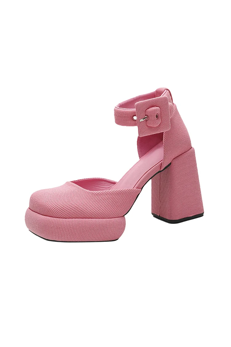 1950s Barbie Pink Daily Square Head Chunky Heels Buckle Pumps