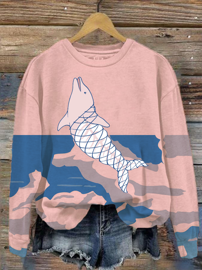 Lady Blue Sea Whale Conservation Ocean Memorial Sea Print Sports Illustration Crewneck Sweatshirt