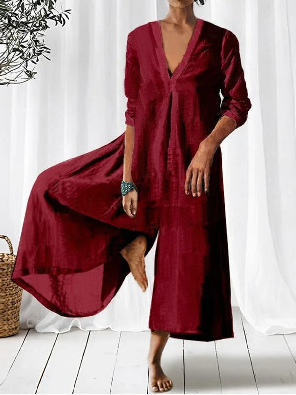 Women's Simple Loose Long Sleeve V-neck Jumpsuits