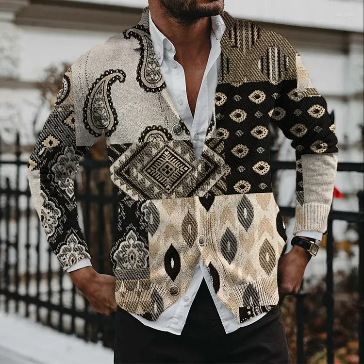 Men's Casual Patchwork Pattern Printed Knitted Button Cardigan