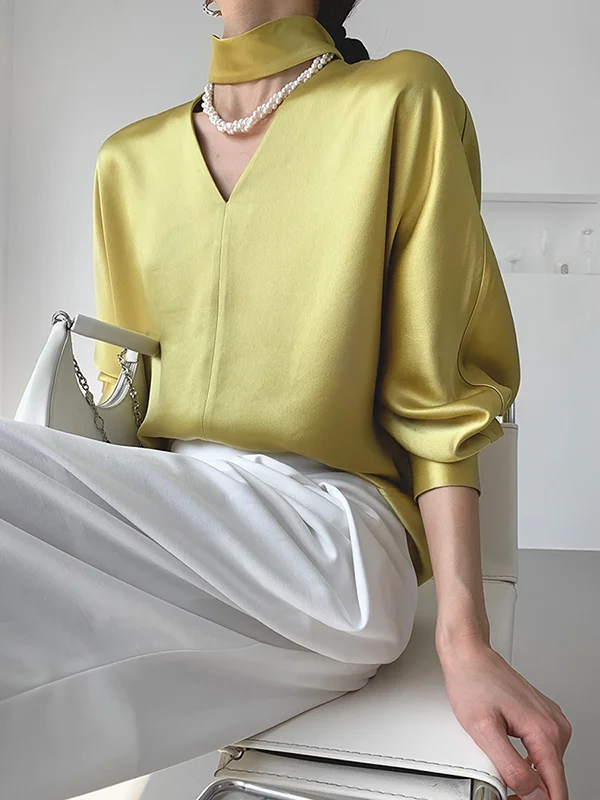 Hollow Shiny Solid Color Long Sleeves Loose V-Neck Blouses&Shirts Tops