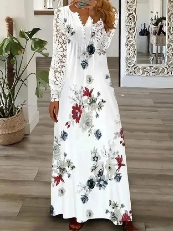 Floral Print Lace Hollow Cotton Blend Casual Dress