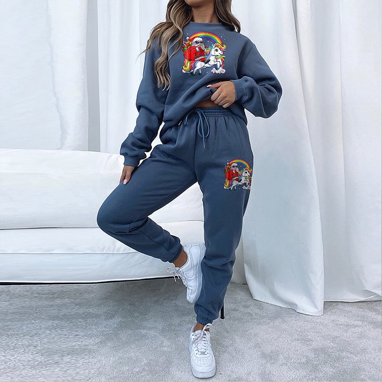Casual Christmas Printed Loose Plus Velvet Sweatshirt Pants Two-Piece Suit