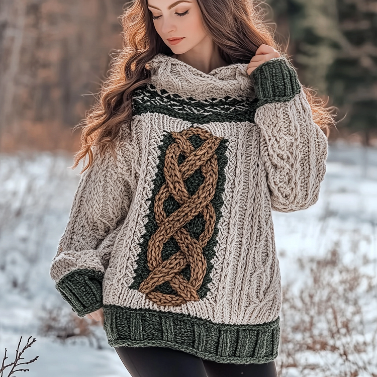 Women's Celtic Knot Vintage Cozy Chunky Knit Hooded Sweater