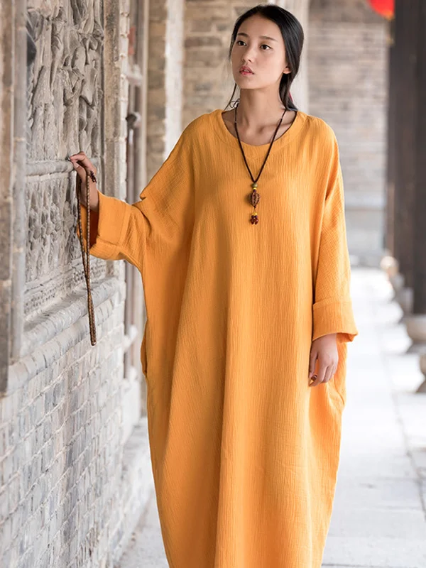 6 Colors Roomy Vintage Long Sleeve Round-Neck Dress