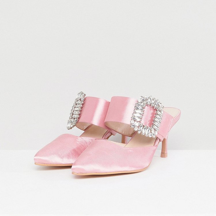 Pink Satin Kitten Heels Pointy Toe Mule with Rhinestone |FSJ Shoes