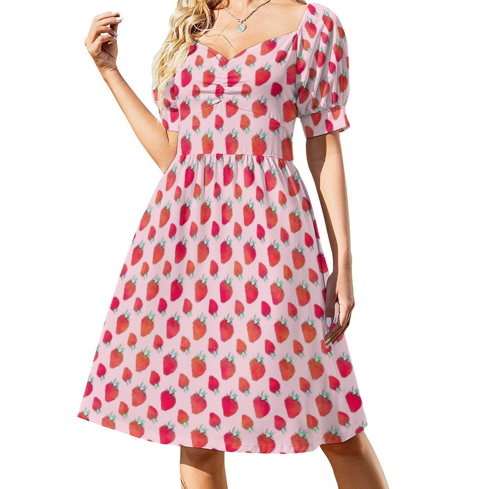 pink dress with strawberries Pink Strawberry Skater Dress: Sleeveless Summer Sun Dress