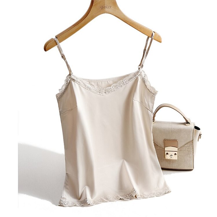 Christmas Gift Lace Top Women Halter V Neck Basic Black Cami Sleeveless Satin Silk Tank Tops Women'S Summer Camisole Beige Sexy Strap Tops - BlackFridayBuys