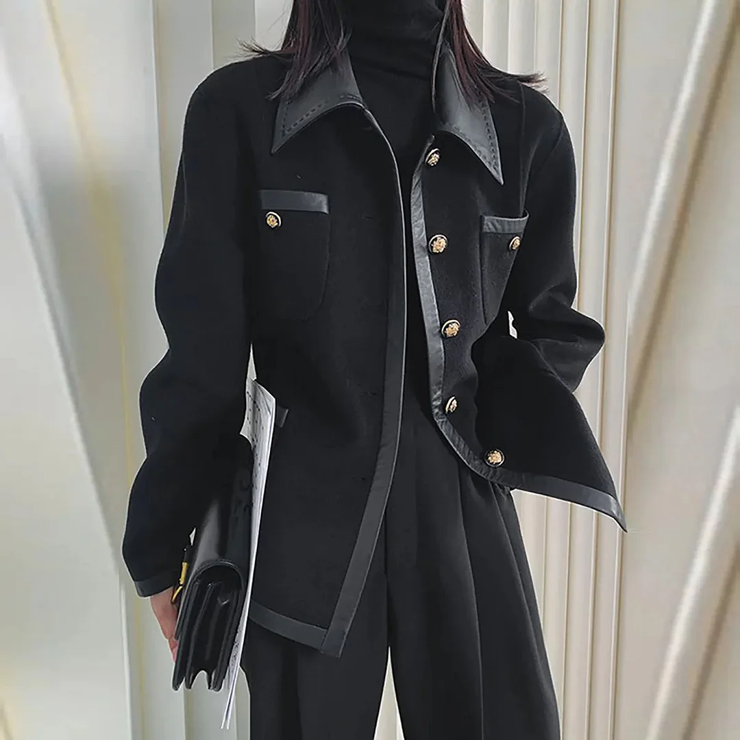 Tlbang 2023 Autumn Winter Stylish Split-Joint Lapel Collar Jackets Buttons Black Causal Korean Fashion Outwear For Women