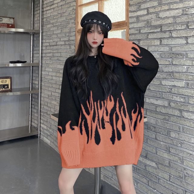 spring new round neck loose sweater female flame jacquard sweater color matching loose ins net red hot selling sweater A077 - BlackFridayBuys