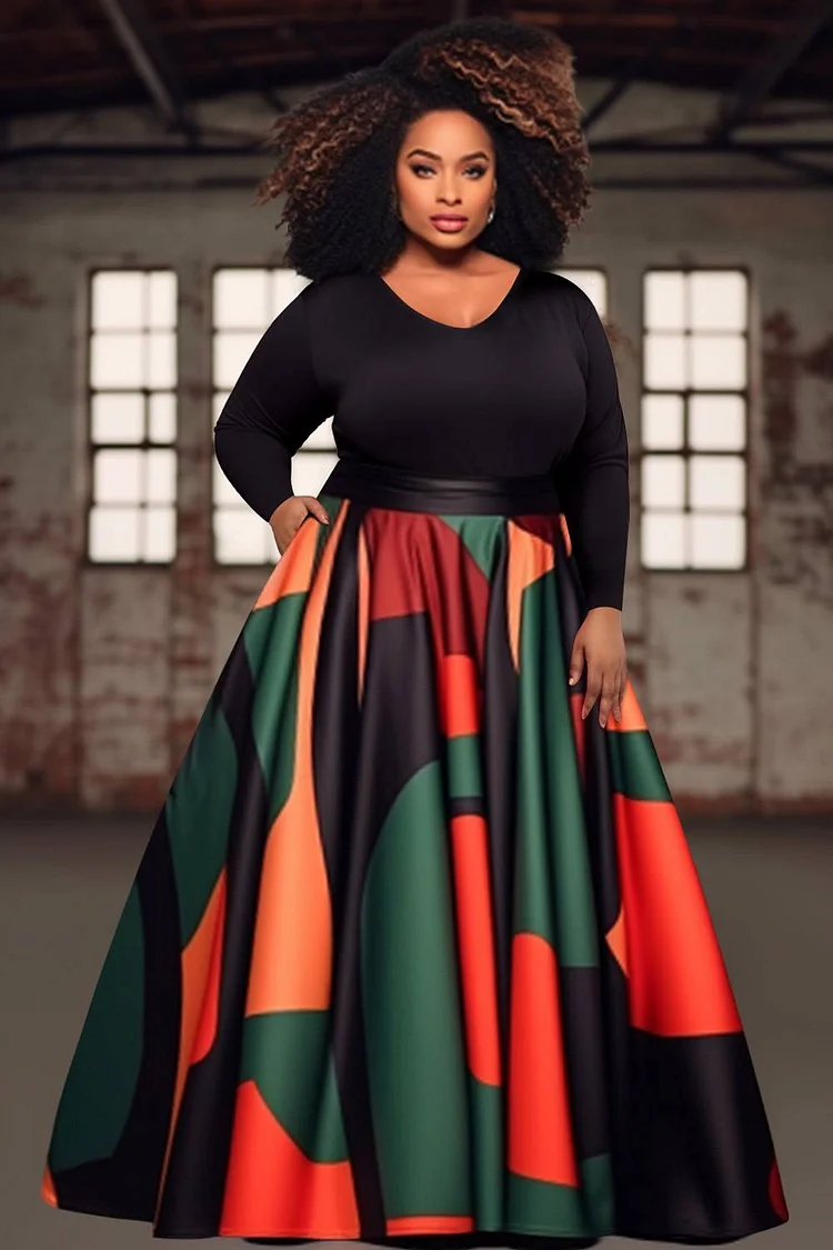 Xpluswear Design Plus Size Semi Formal African Dresses Elegant Black Geometric   Crew Neck Long Sleeve Knitted Maxi Dresses With Pocket