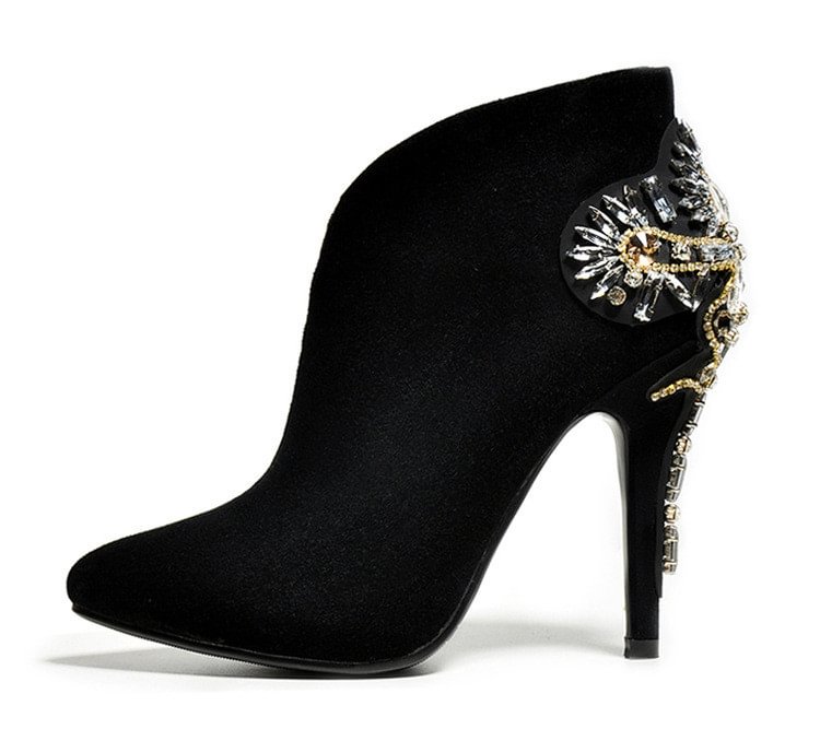Black Fashion Boots Rhinestones Suede Booties for Women |FSJ Shoes