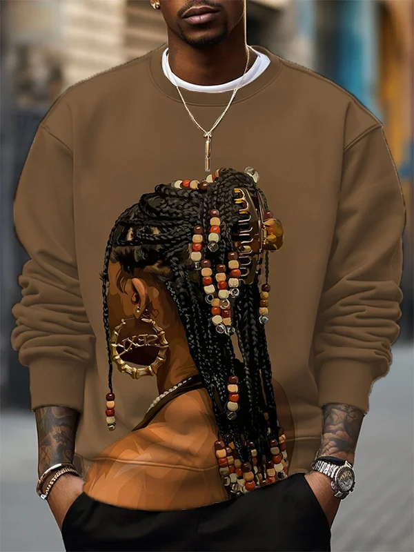 Men's Black Woman With Long Braids And Beads Back View Portrait Art Print Casual Sweatshirt