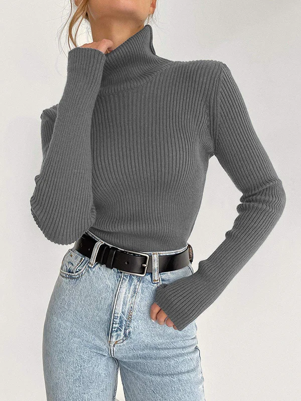 Long Sleeves Skinny Solid Color High Neck Pullovers Sweater Tops