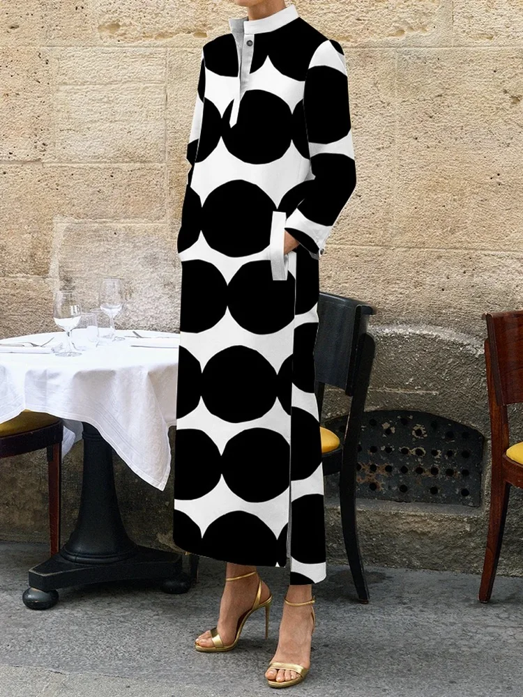 Long Sleeves Loose Polka-Dot Split-Side Stand Collar Midi Dresses