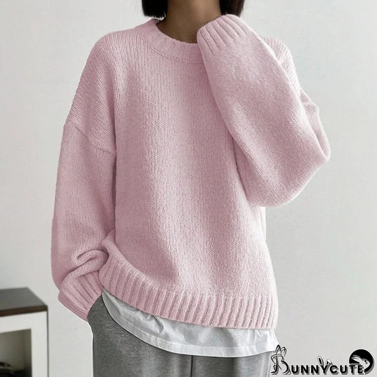 Pink Plain Long Sleeve Round Neck Sweater