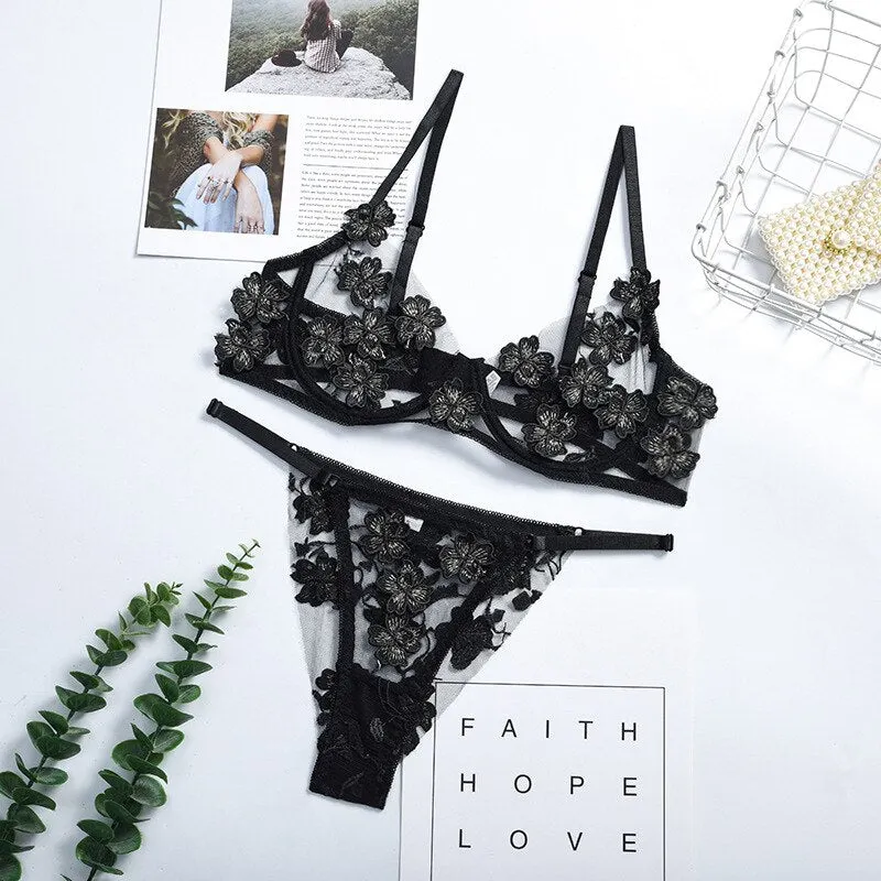 Ellolace Applique Lingerie Set Transparent Bra Erotic Lingerie