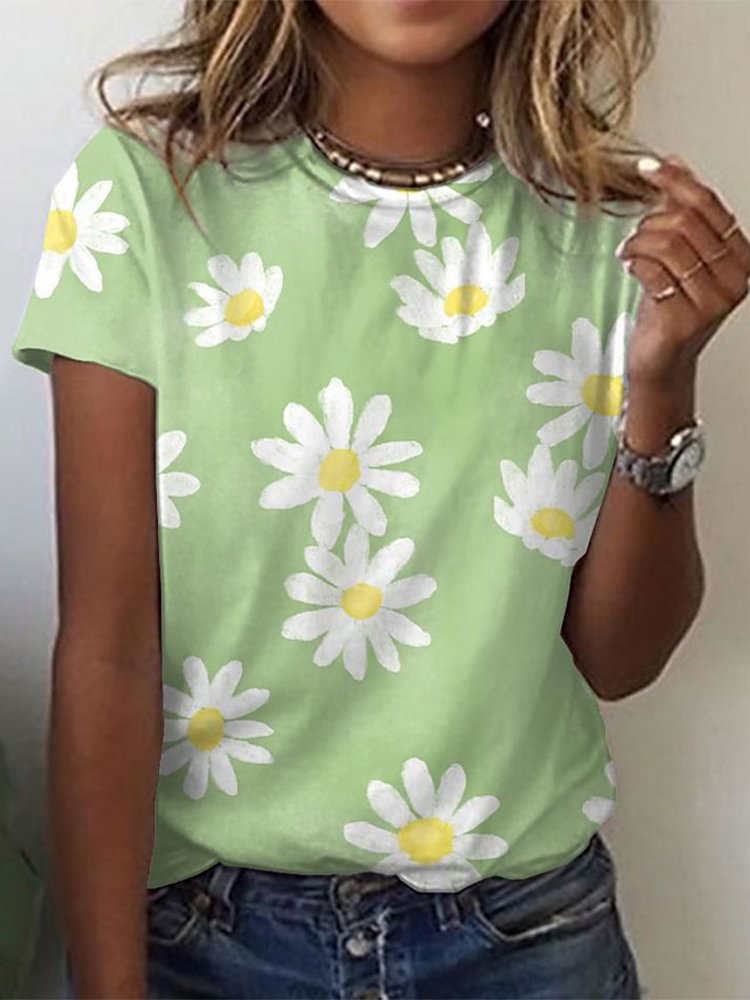 Round Neck Printed Short Sleeve Loose T Shirt P181001477