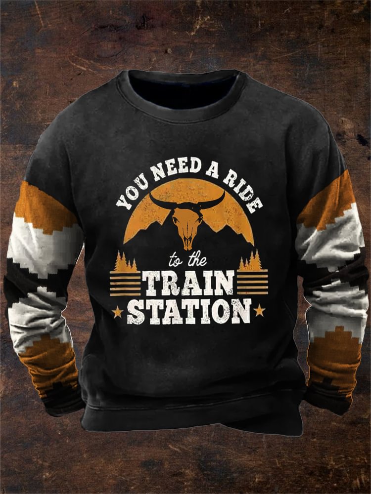 Western Cowboy Quote Bull Skull Colorblock Sweatshirt