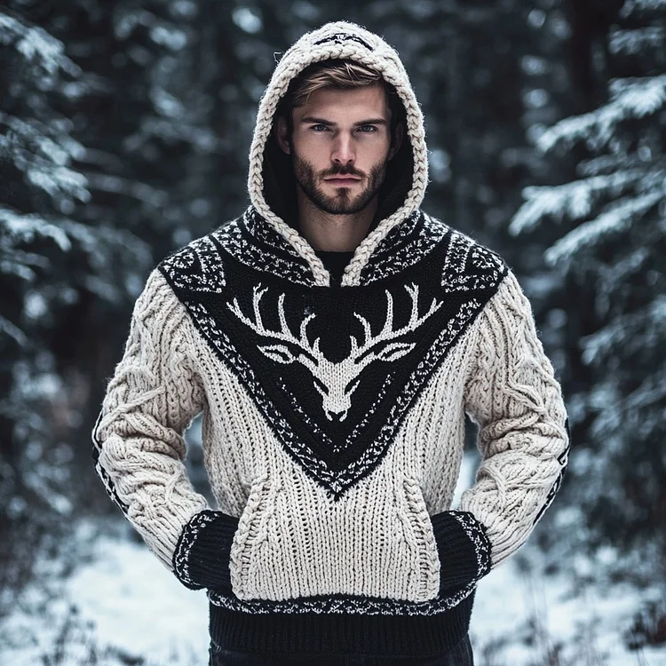 Men's Viking Deer Head Totem Thick Rope Hooded Sweater