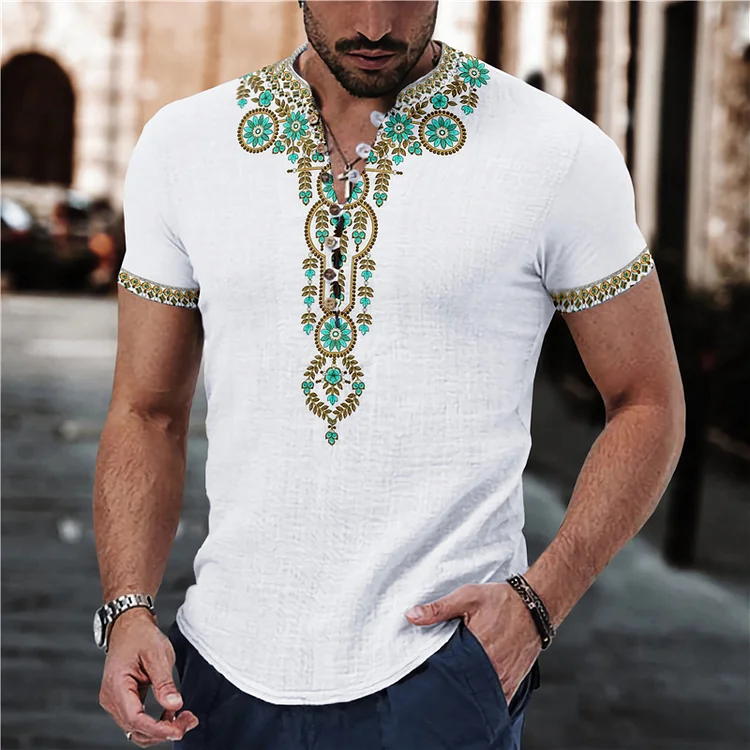 Men's Casual 3D Floral Stand Collar Short Sleeve Shirts