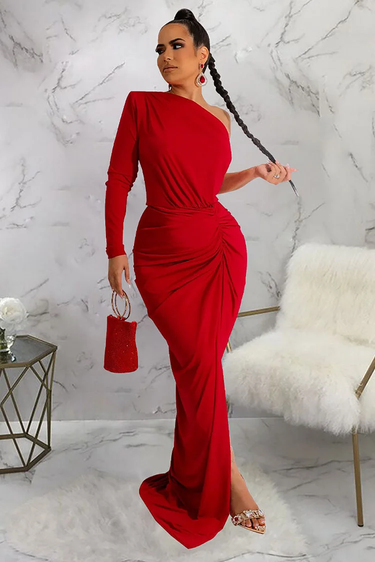 Ruched One Shoulder Slit Fishtail Prom Maxi Dresses