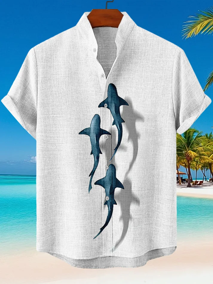 Men's Blue Fish Graphic Printed Short Sleeve Shirt