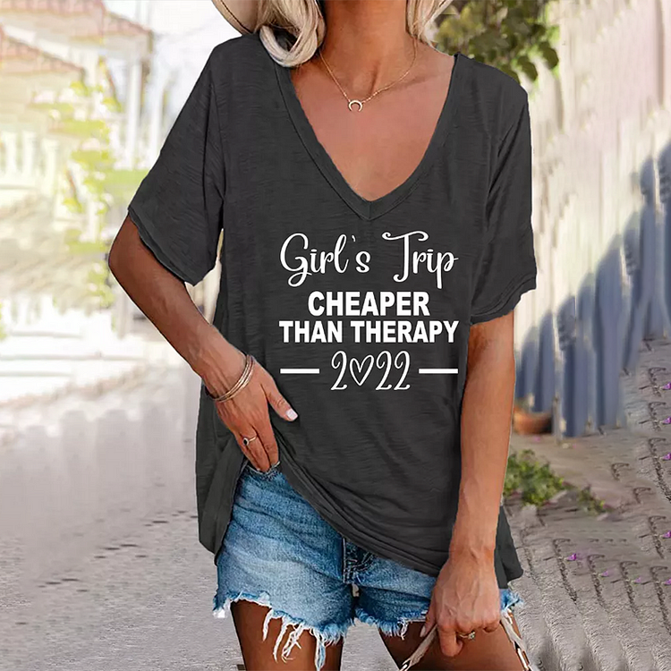Comstylish Girls Trip Print Casual V-Neck T-Shirt