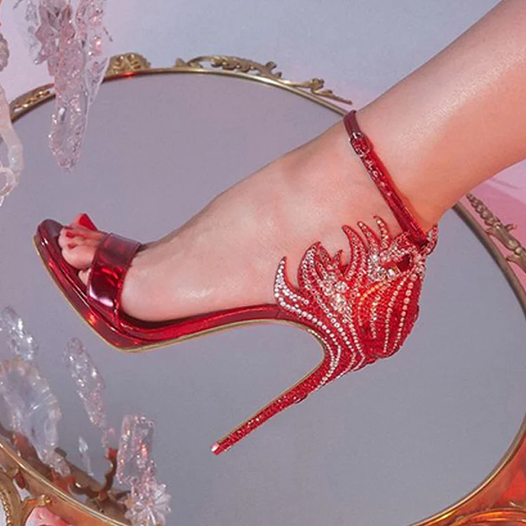 Women's Red Ankle Strap Stiletto Heels Party Rhinestone Sandals |FSJ Shoes