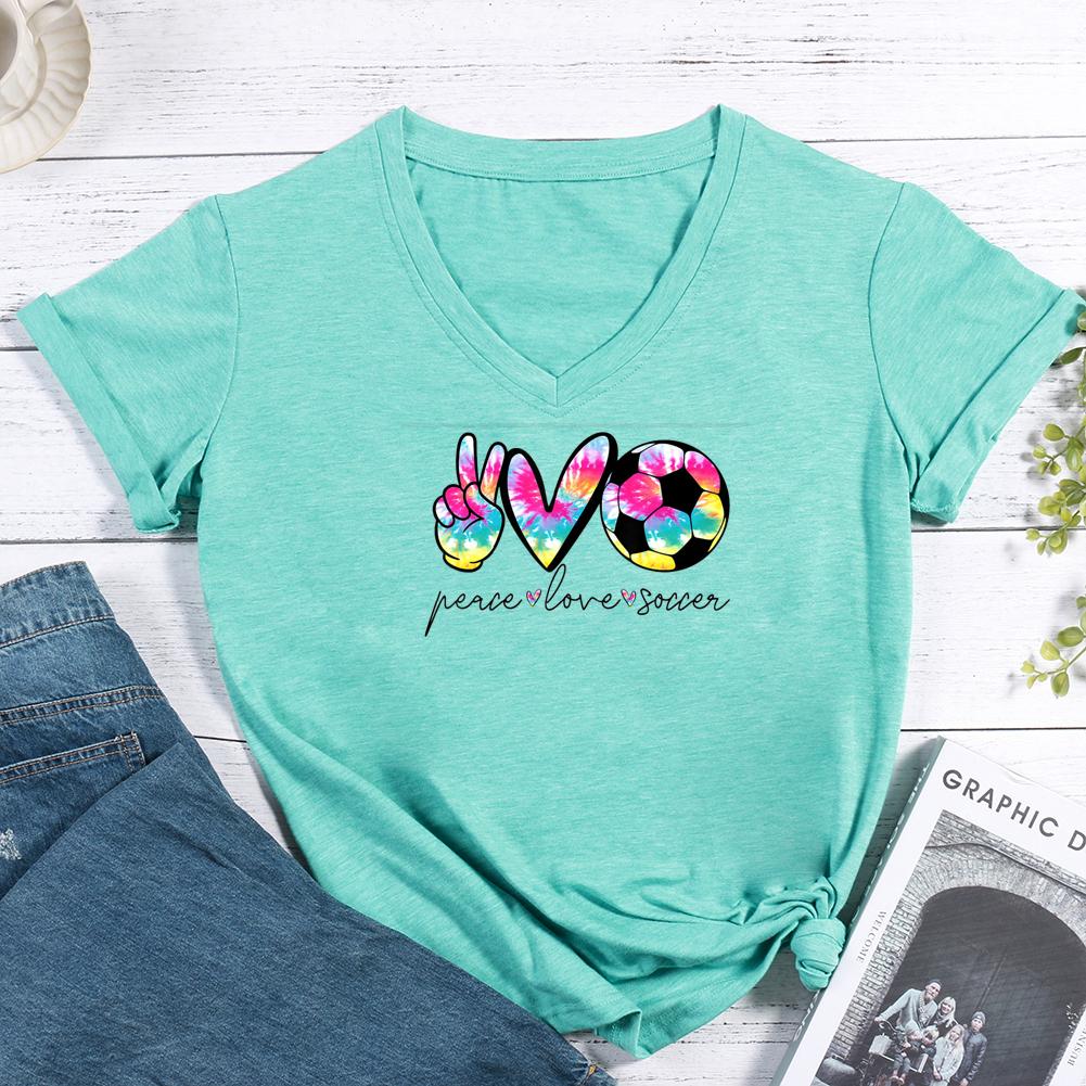 Peace Love Soccer V-neck T Shirt-Guru-buzz