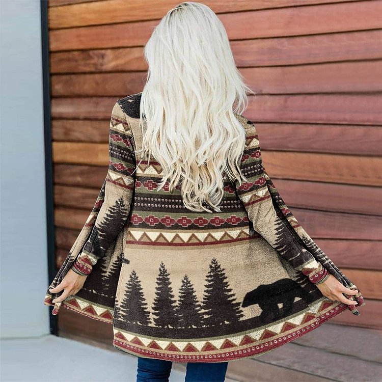 VChics Vintage Totem Silhouette Print Duster Kimono