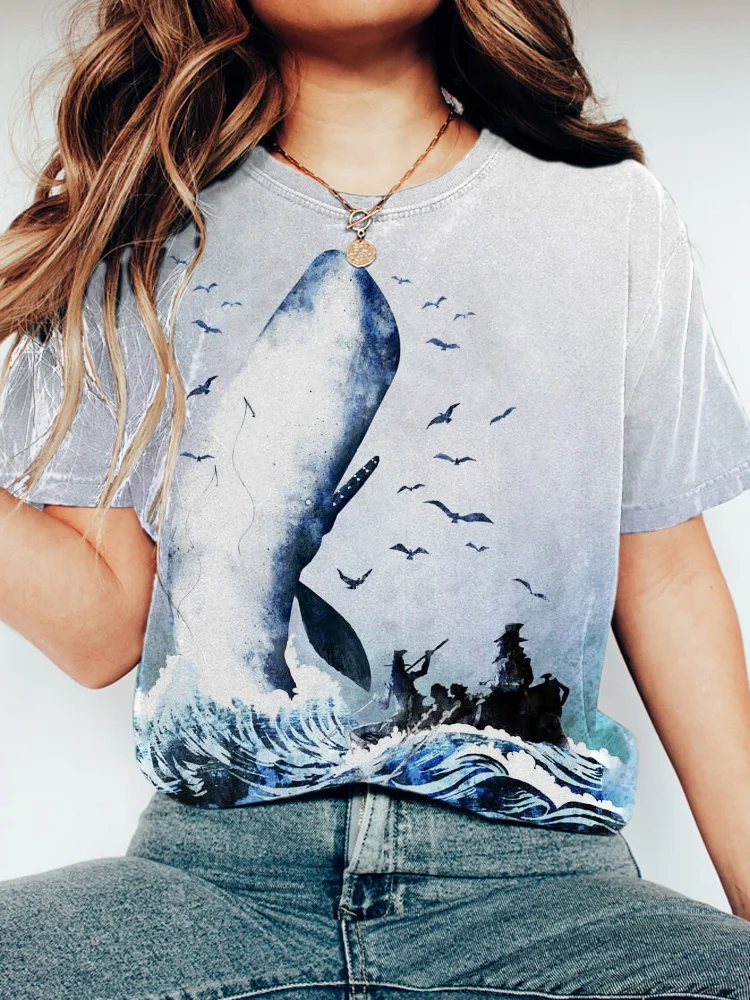 Comstylish Whale Watercolor Print Short Sleeve T-Shirt