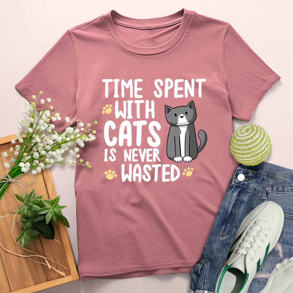 Time spent with cats is never wasted Round Neck T-shirt-0025220-Guru-buzz