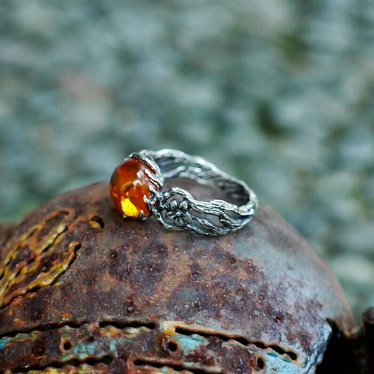 925 Women's Amber Flower Ring