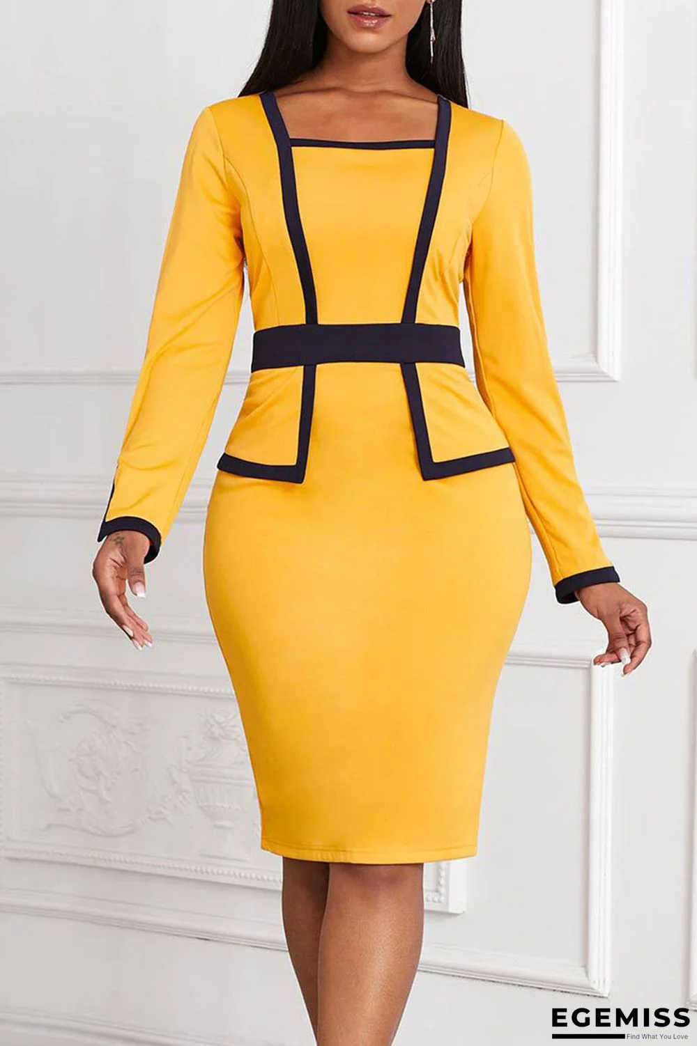 Yellow Casual Work Solid Patchwork Square Collar One Step Skirt Dresses | EGEMISS