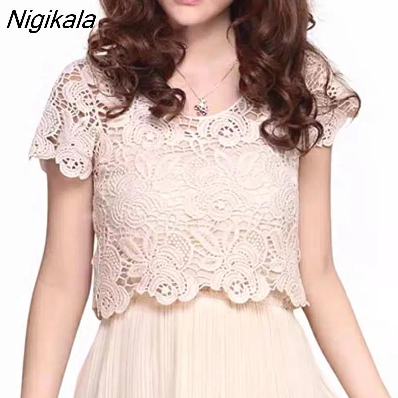 Nigikala Women Hollow Out Cropped All-match Summer Elegant Lady O-neck Short Sleeve Sun-proof Clothing Leisure Female Tops Cozy