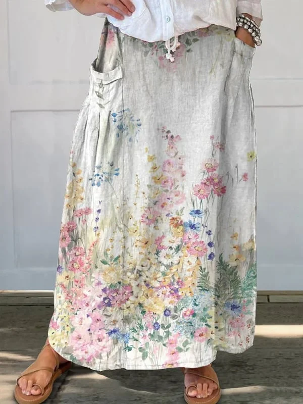 Women's Retro Floral Art Pocket Skirt