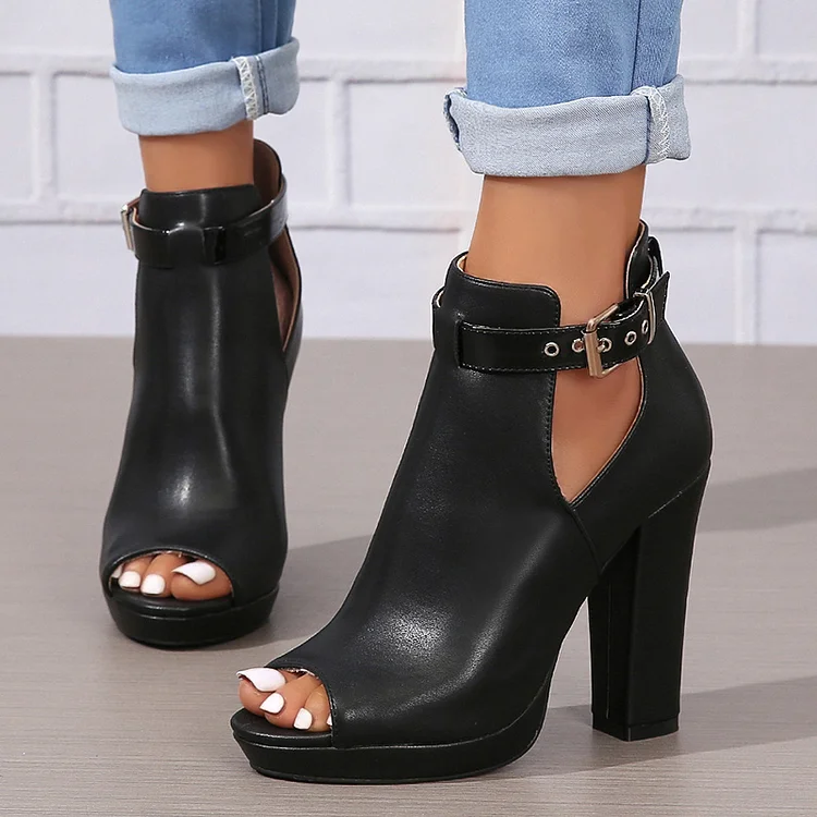 Peep Toe Buckle Colorblocking Ankle Strap High Chunky Heels