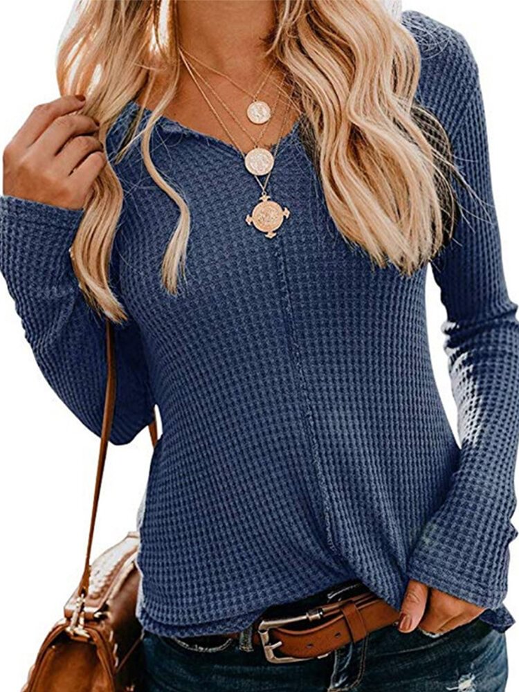 Knitting Solid Color Long Sleeve V neck Blouse For Women P1537481