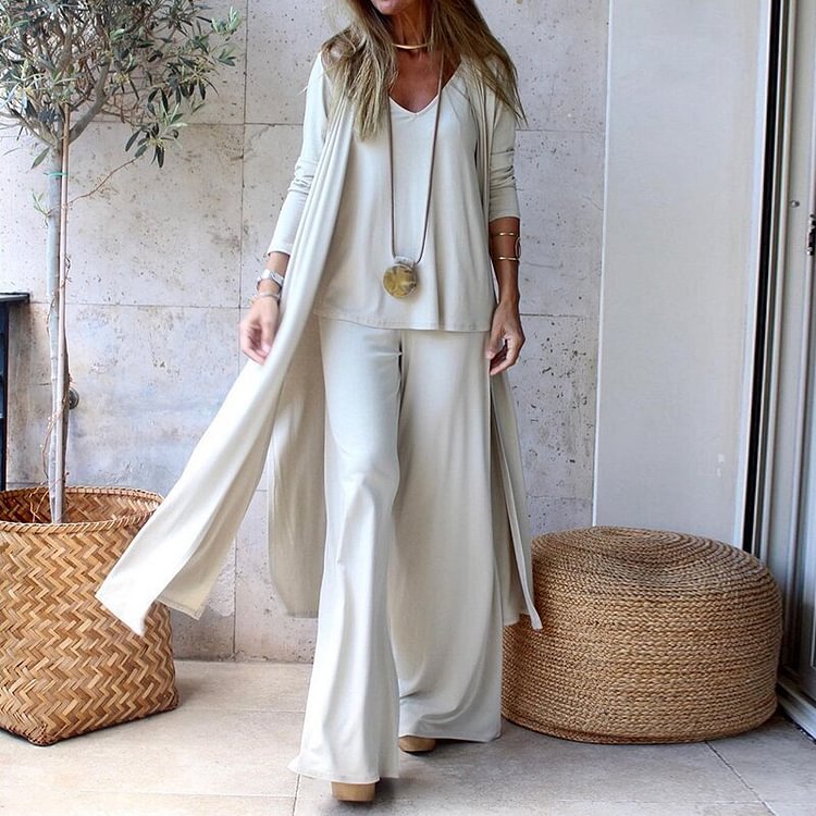 Fashion casual loose three-piece V-neck suspenders + straight trousers + long cardigan socialshop